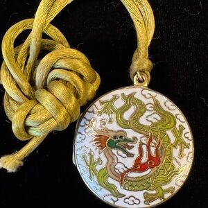 Vintage Cloisonné Dragon Locket with Chartreuse Satin Cord